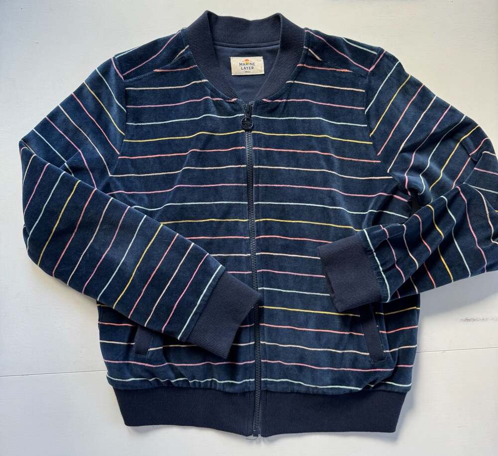 Marine Layer Auckland Velour Navy Rainbow Striped Jacket